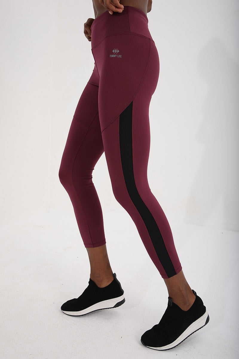 TMY Burgundy High Waist Shaping Tape Detailed Slim Fit Skinny Leg Women's Leggings - 94542 - Leeds