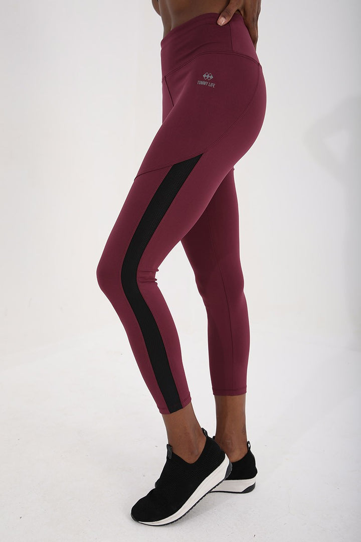 TMY Burgundy High Waist Shaping Tape Detailed Slim Fit Skinny Leg Women's Leggings - 94542 - Leeds