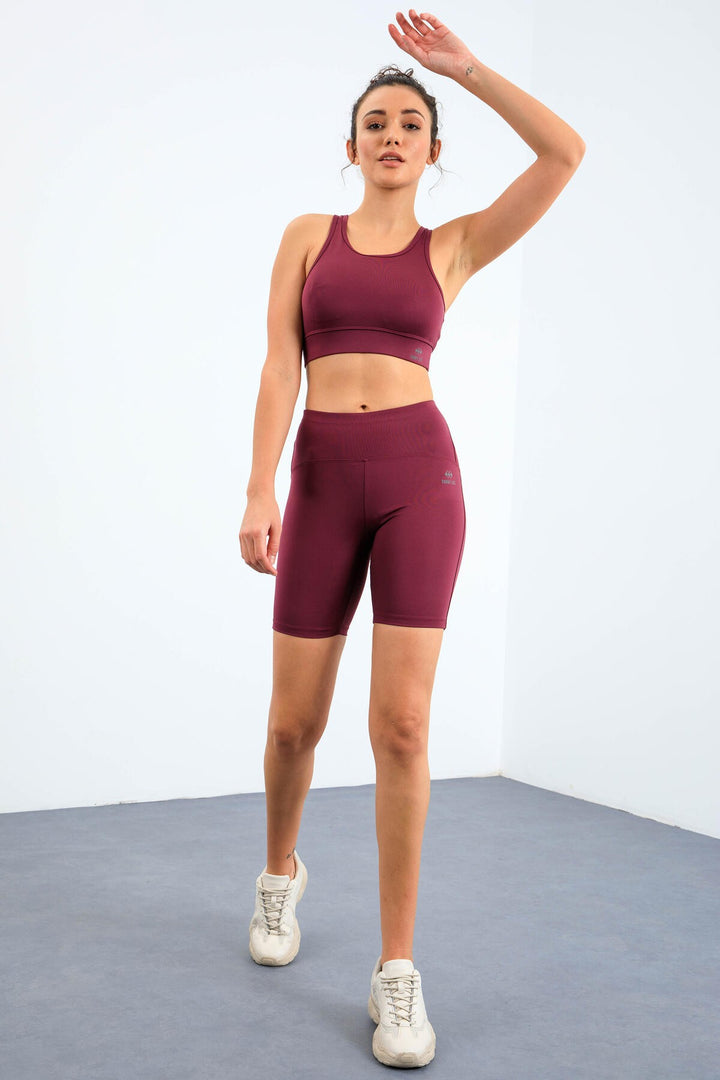 TMY Burgundy High Taist Shaper Slim Fit Bustier Biker Legnings Set - 95303 - North Lauderdale