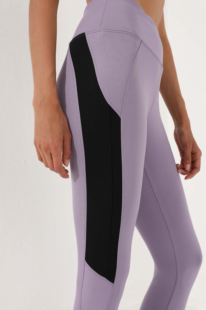 TMY Lilac High Waist Stripe Detailed Slim Fit Skinny Leg Women's Leggings - 94541 - Gronau