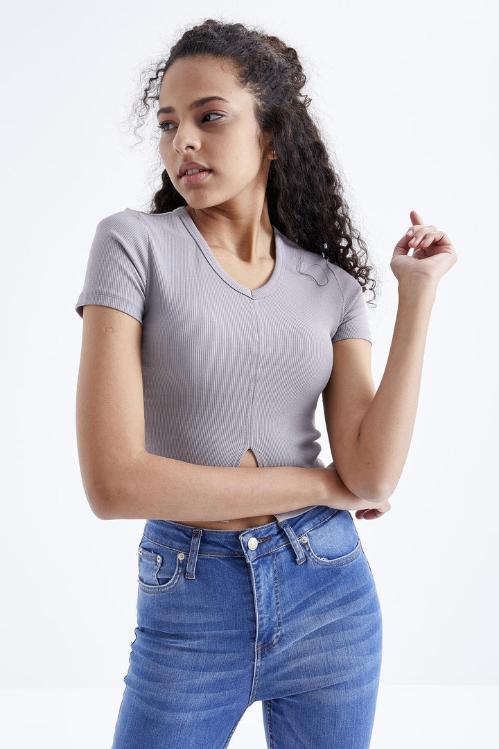 TMY Gray Basic Front Slit V-Neck Women's Crop Top T-Shirt - 97206 - Stafford