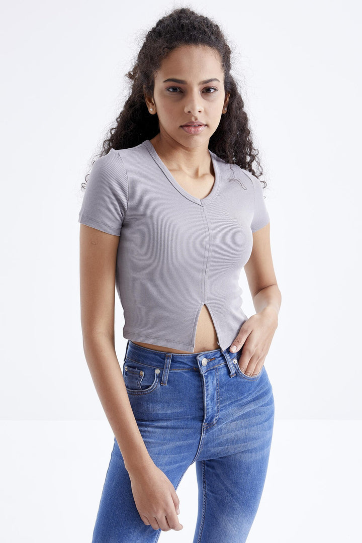 TMY Gray Basic Front Slit V-Neck Women's Crop Top T-Shirt - 97206 - Stafford