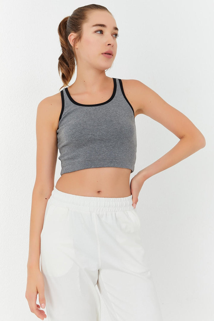 TMY Gray Melange Basic Sleeveless Slim Fit U Neck Women's Crop Top Tank Top - 97162 - Sabadell