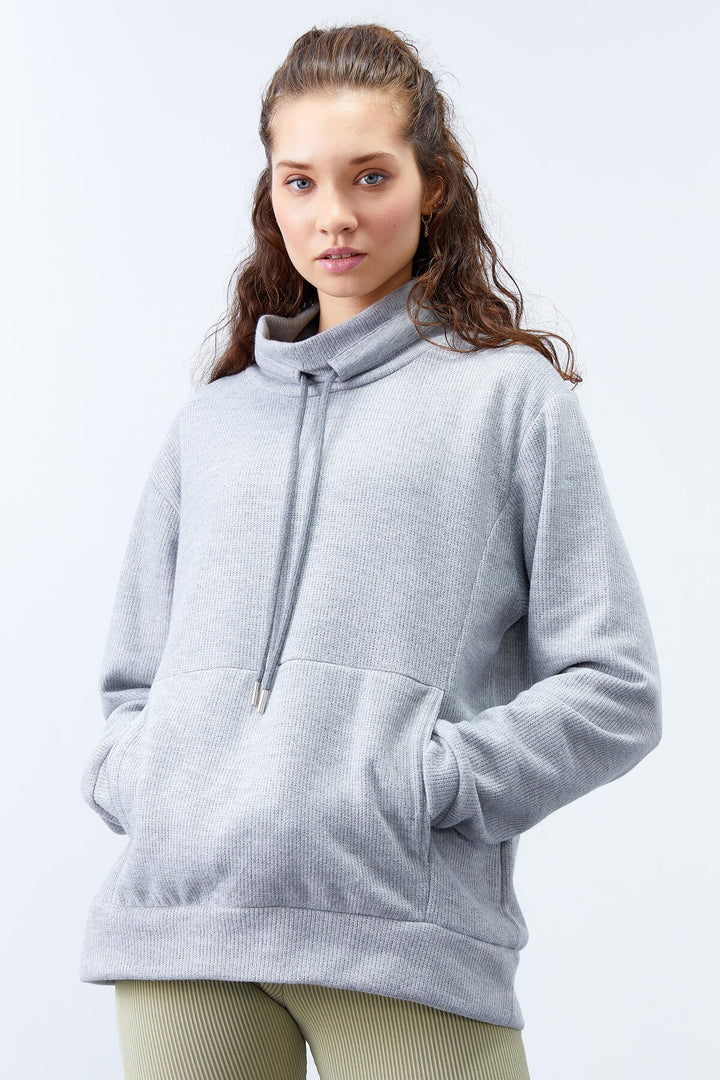 TMY Gray Melange Turtleneck Lace-Up Thessaloniki Knit Women's Oversized Sweatshirt - 97195 - Boca del Rio