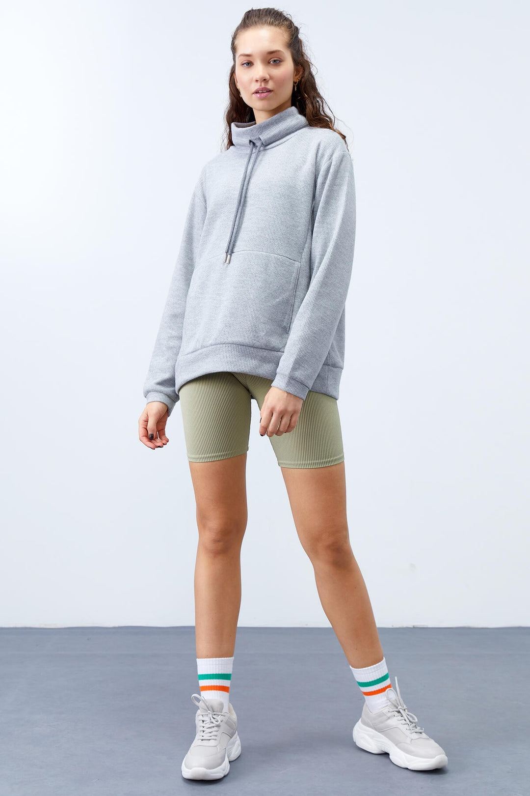 TMY Gray Melange Turtleneck Lace-Up Thessaloniki Knit Women's Oversized Sweatshirt - 97195 - Boca del Rio