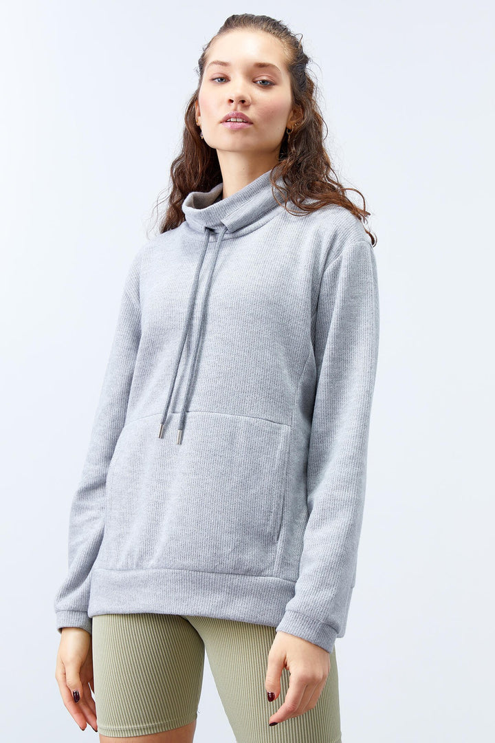 TMY Gray Melange Turtleneck Lace-Up Thessaloniki Knit Women's Oversized Sweatshirt - 97195 - Boca del Rio