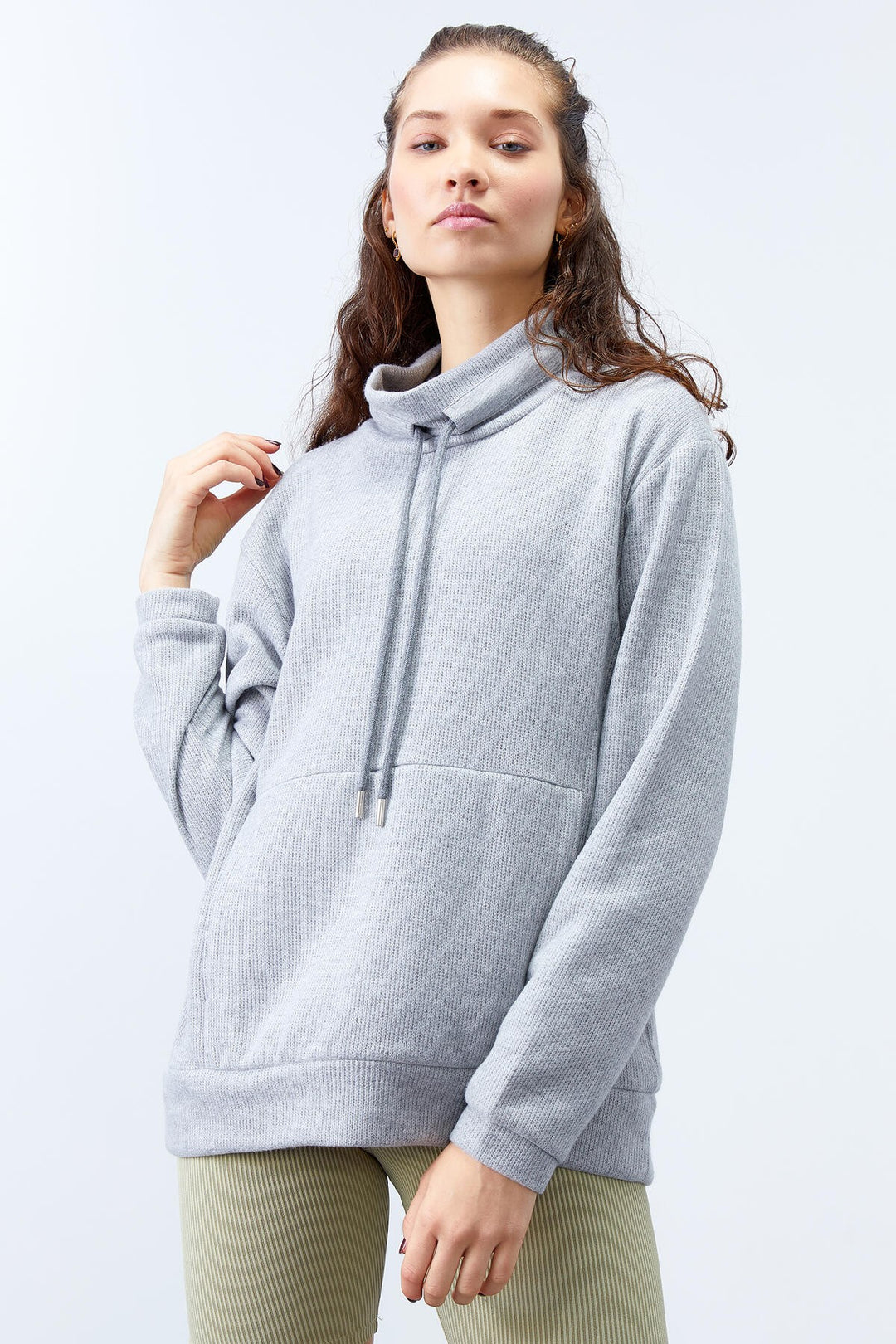 TMY Gray Melange Turtleneck Lace-Up Thessaloniki Knit Women's Oversized Sweatshirt - 97195 - Boca del Rio