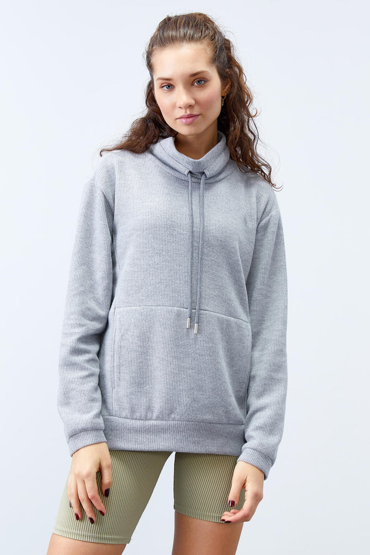 TMY Gray Melange Turtleneck Lace-Up Thessaloniki Knit Women's Oversized Sweatshirt - 97195 - Boca del Rio