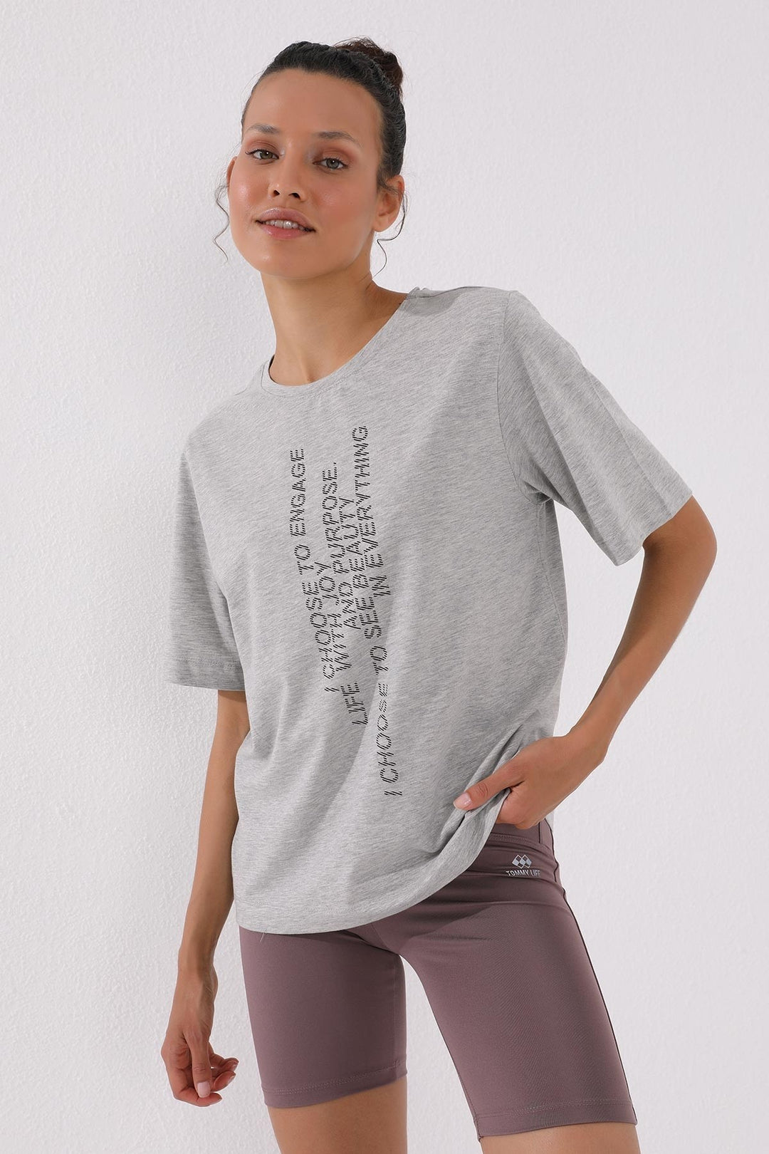 TMY Gray Melange Pink Vertical Printed Round Neck Women's Oversized T-Shirt - 97138 - Addison