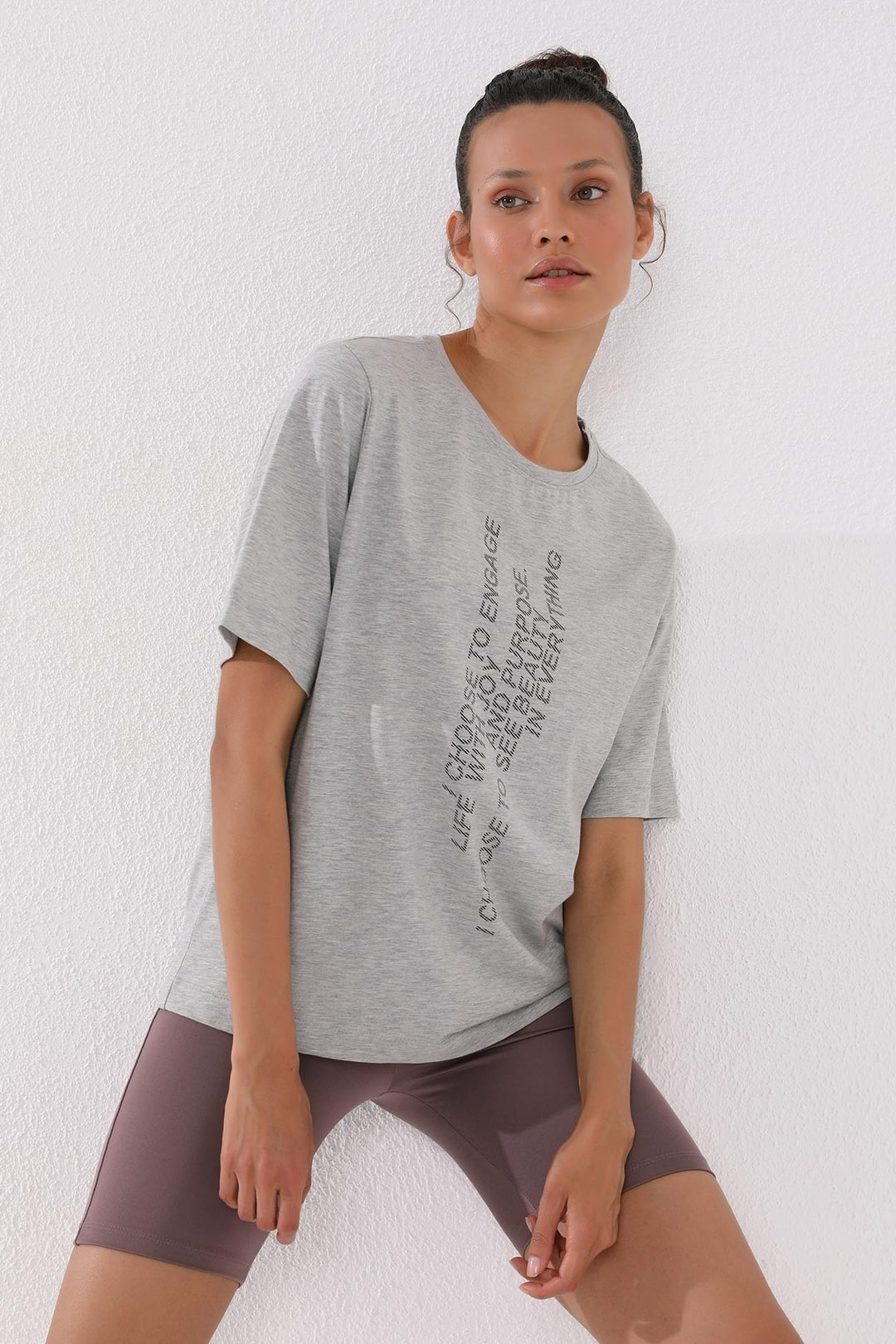 TMY Gray Melange Pink Vertical Printed Round Neck Women's Oversized T-Shirt - 97138 - Addison