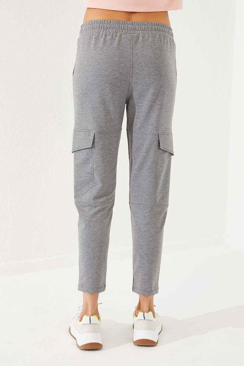 TMY Gray Melange High Waist Cargo Pocket Comfortable Fit Slim Leg Women's Sweatpants - 94588 - Popeşti-Leordeni