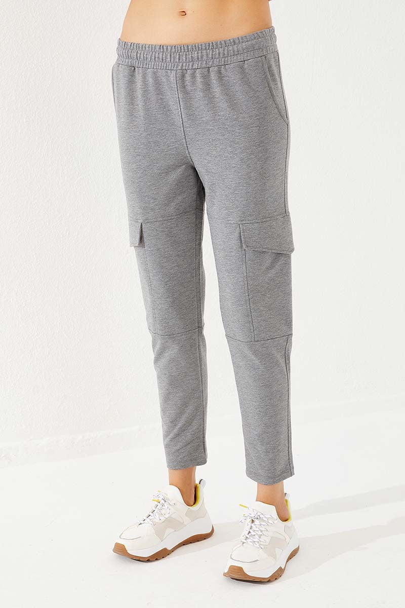 TMY Gray Melange High Waist Cargo Pocket Comfortable Fit Slim Leg Women's Sweatpants - 94588 - Popeşti-Leordeni