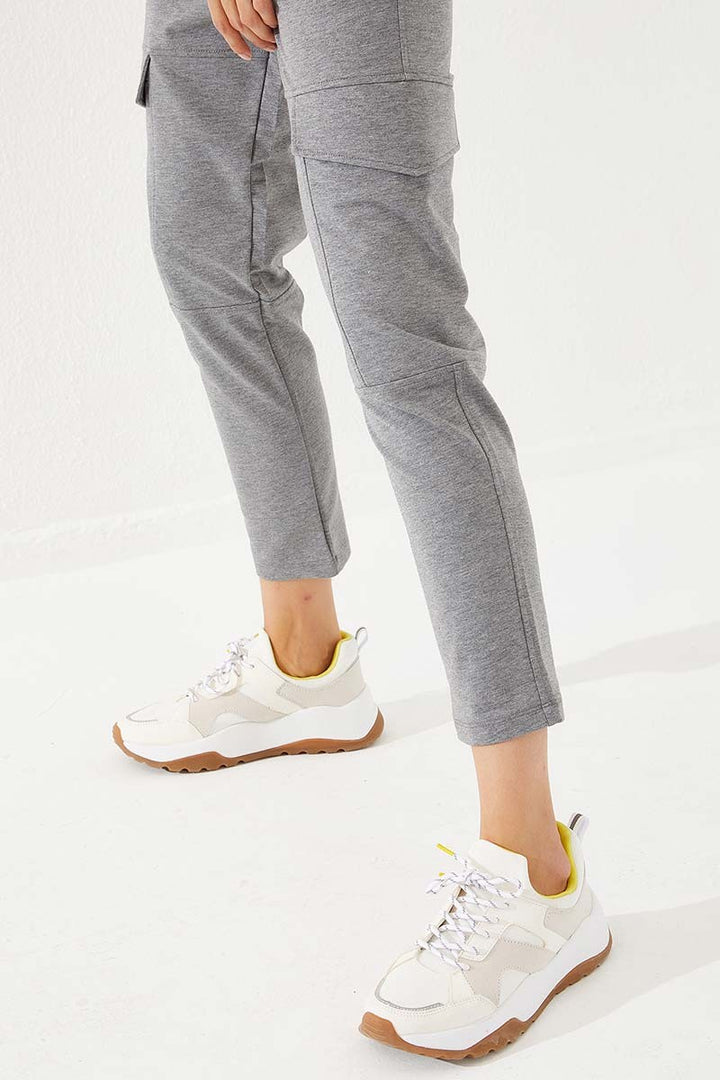 TMY Gray Melange High Waist Cargo Pocket Comfortable Fit Slim Leg Women's Sweatpants - 94588 - Popeşti-Leordeni