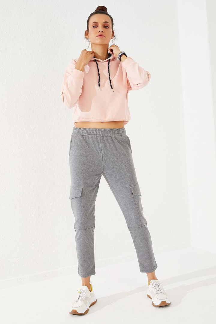 TMY Gray Melange High Waist Cargo Pocket Comfortable Fit Slim Leg Women's Sweatpants - 94588 - Popeşti-Leordeni