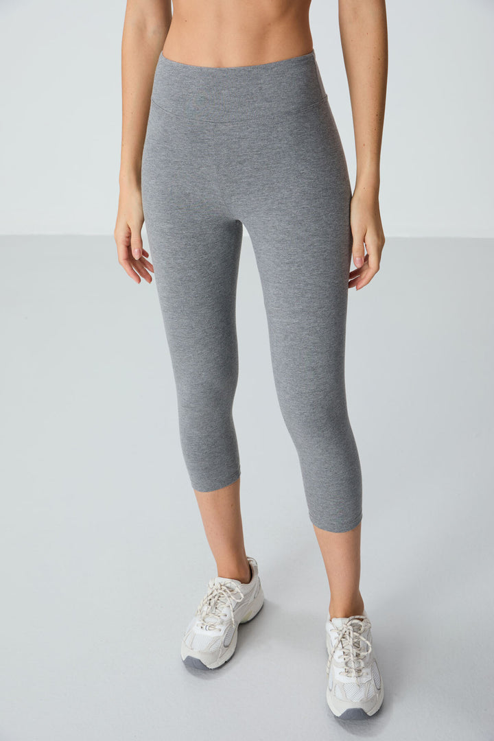 TMY Gray Melange High Waist Slim Fit Cropped Leg Women's Capri Leggings - 93097 - East Ham