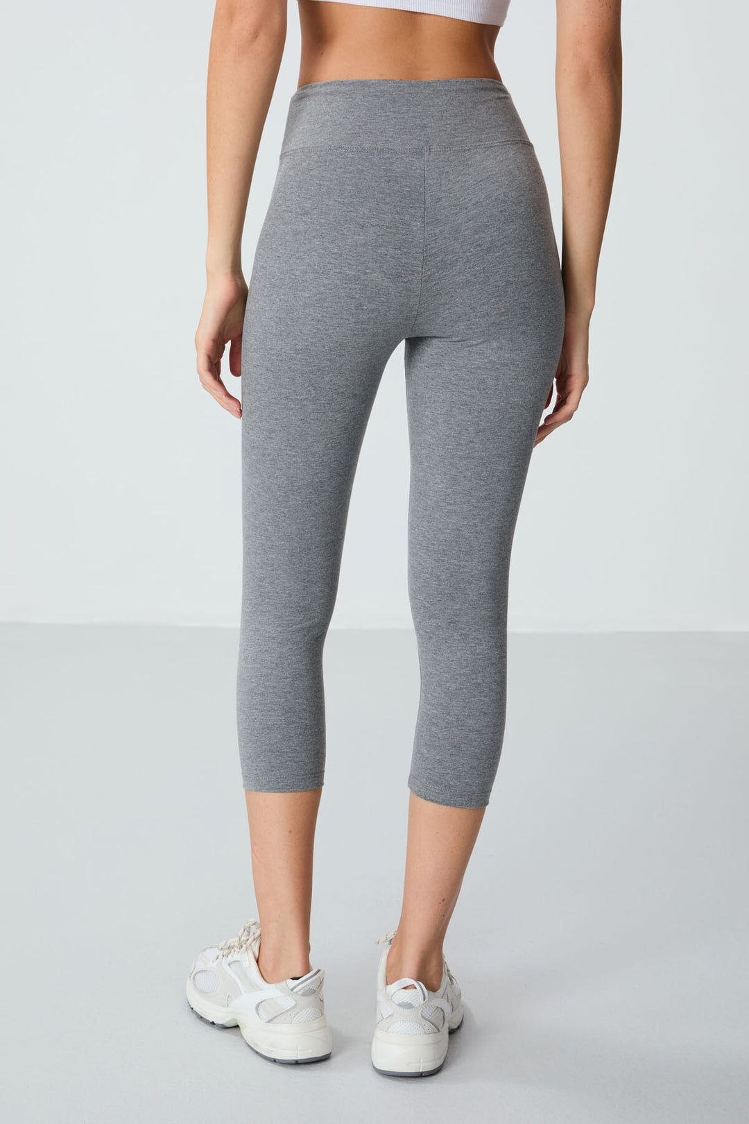 TMY Gray Melange High Waist Slim Fit Cropped Leg Women's Capri Leggings - 93097 - East Ham