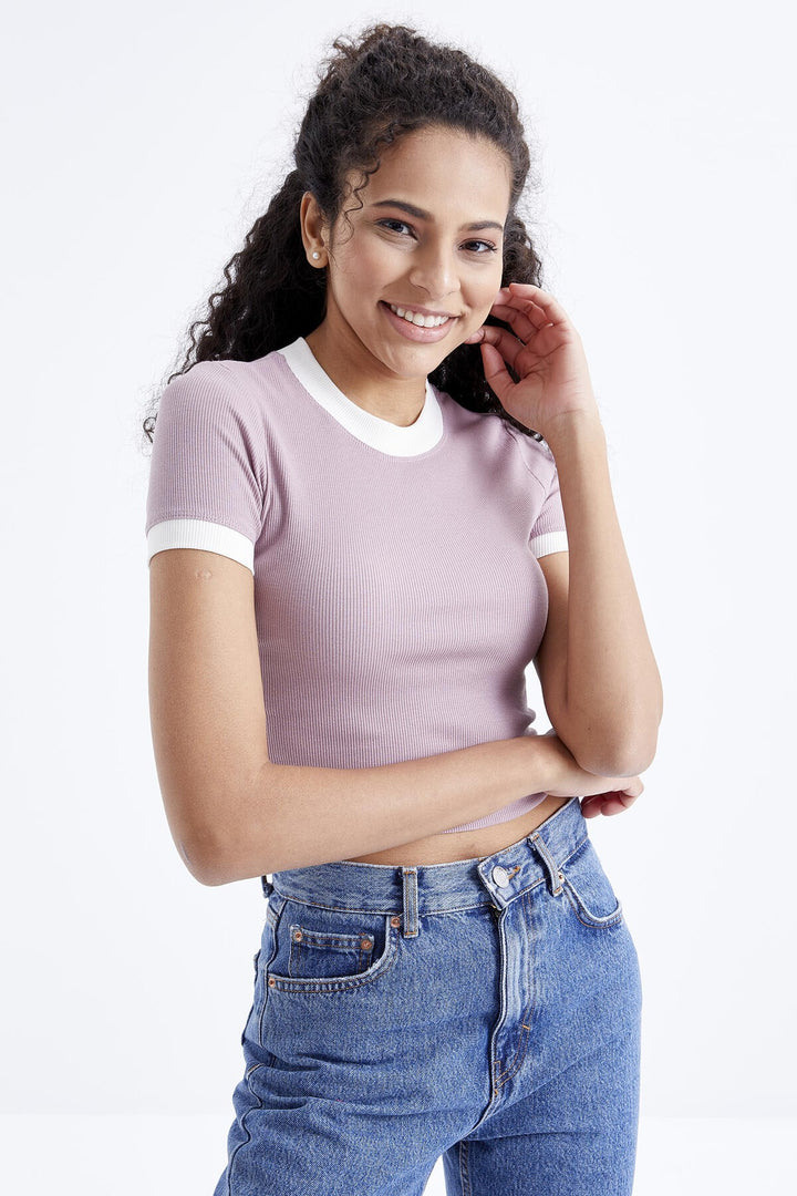 TMY Dried Rose Basic Sleeve Detailed O Neck Women's Crop Top T-Shirt - 97200 - Cremona