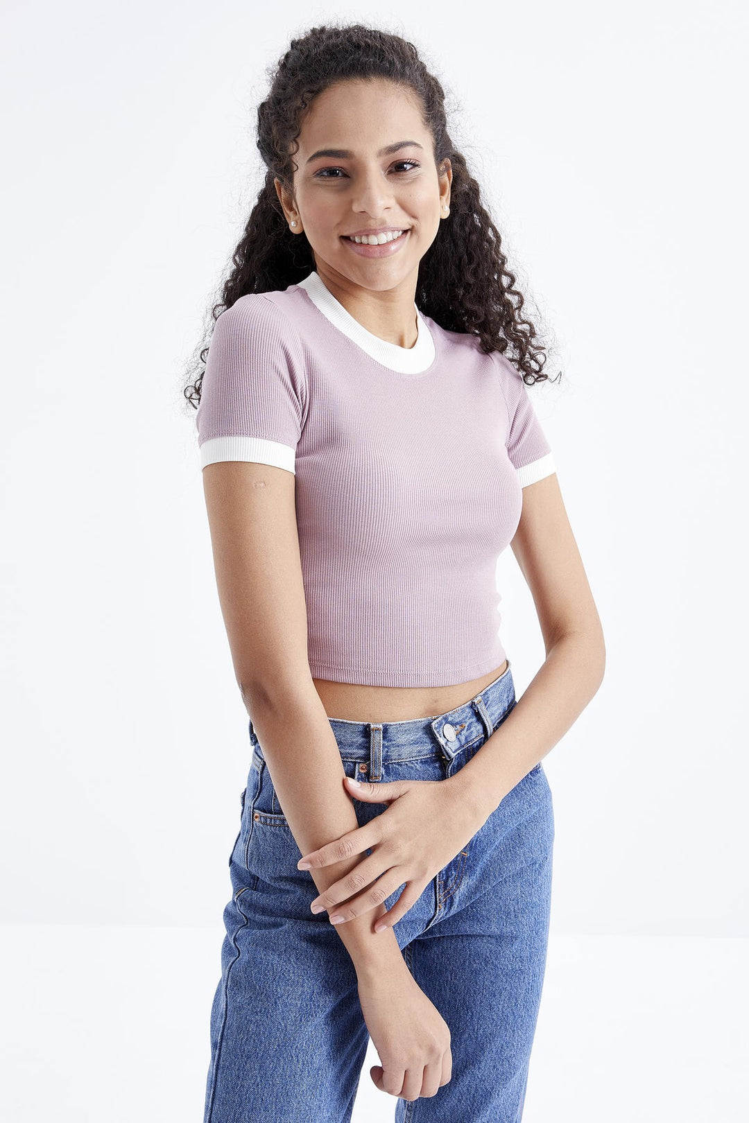 TMY Dried Rose Basic Sleeve Detailed O Neck Women's Crop Top T-Shirt - 97200 - Cremona