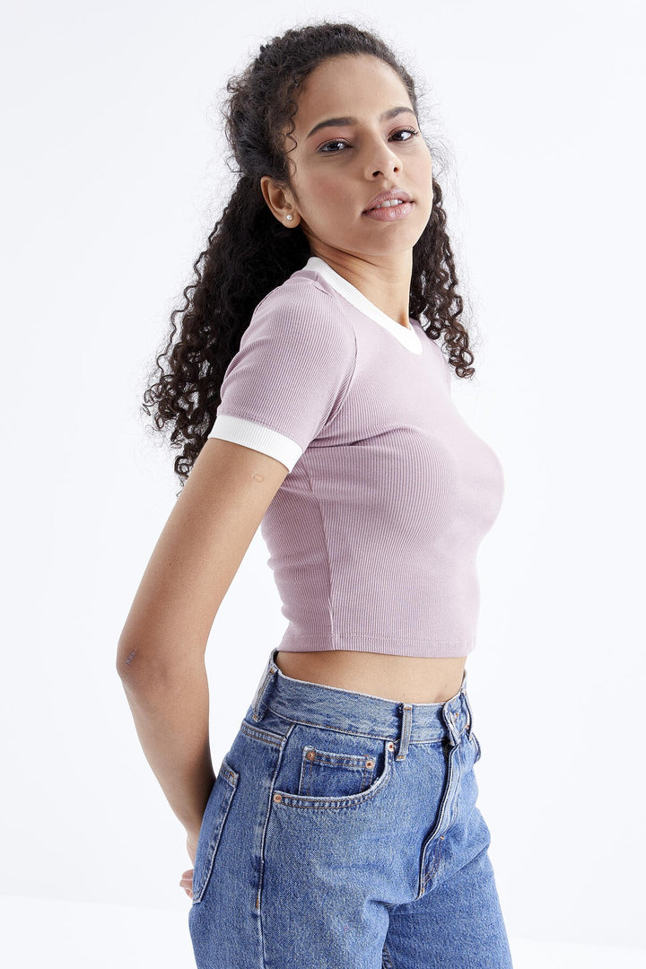 TMY Dried Rose Basic Sleeve Detailed O Neck Women's Crop Top T-Shirt - 97200 - Cremona