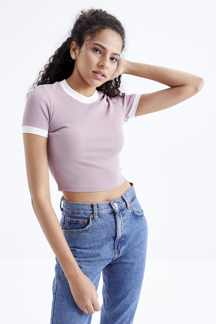 TMY Dried Rose Basic Sleeve Detailed O Neck Women's Crop Top T-Shirt - 97200 - Cremona