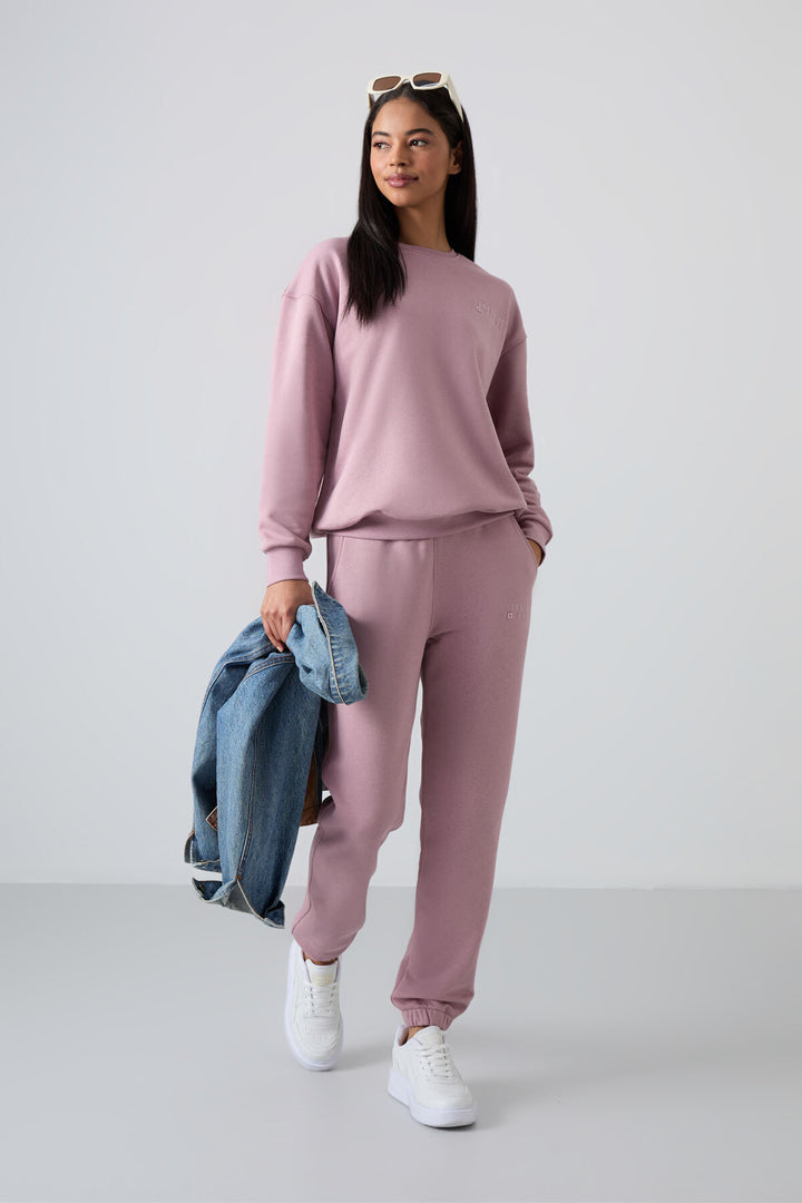 TMY Dried Rose Round Neck Oversized Elastic Cuff Women's Tracksuit Set - 95287 - Huesca