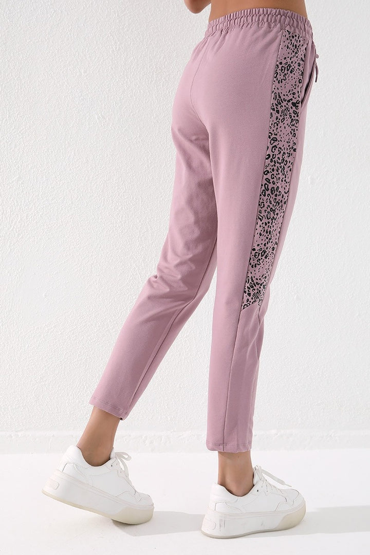 TMY Dried Rose Sides Leopard Pattern Comfortable Fit Slim Leg Women's Sweatpants - 94572 - Piedras Negras