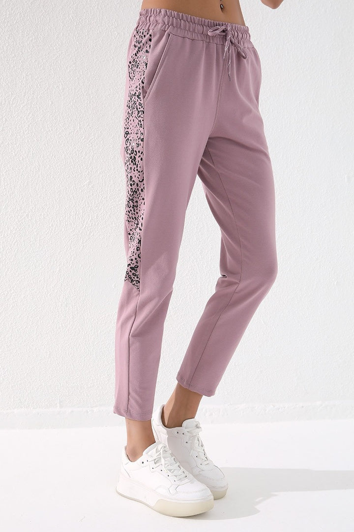 TMY Dried Rose Sides Leopard Pattern Comfortable Fit Slim Leg Women's Sweatpants - 94572 - Piedras Negras