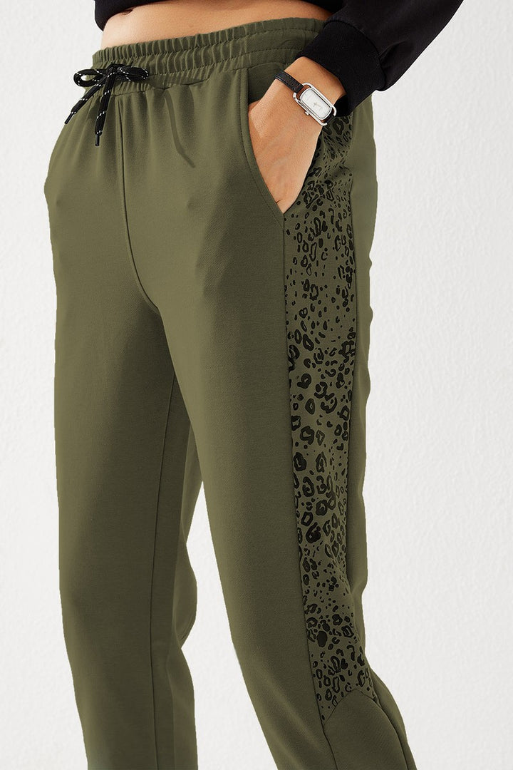 TMY Haki Sides Leopard Pattern Comfortable Fit Slim Leg Women's Sweatpants - 94572 - Plantation