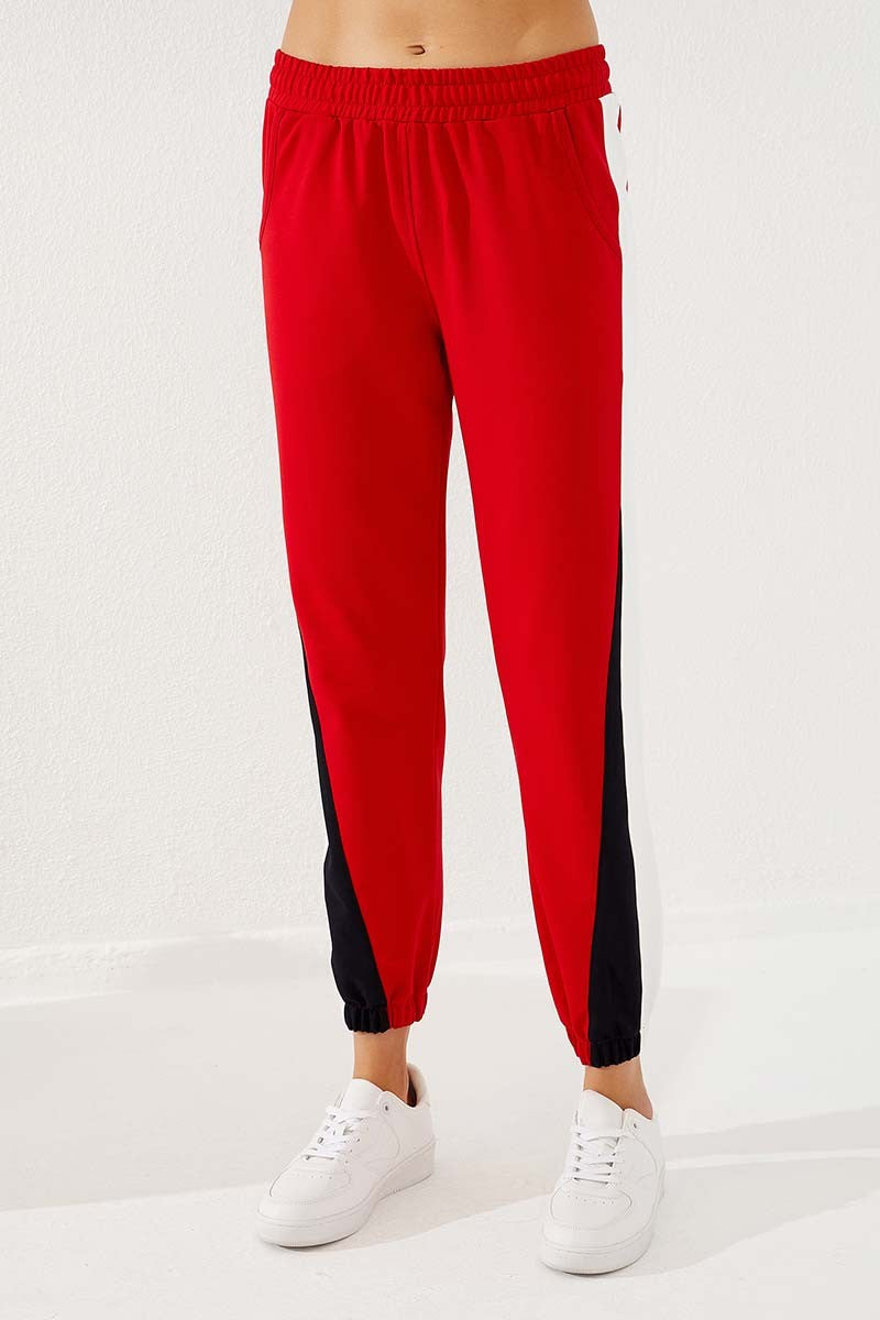 TMY Red Two-Color Striped Comfort Fit Elastic Cuff Women's Sweatpants - 94582 - Bartlett