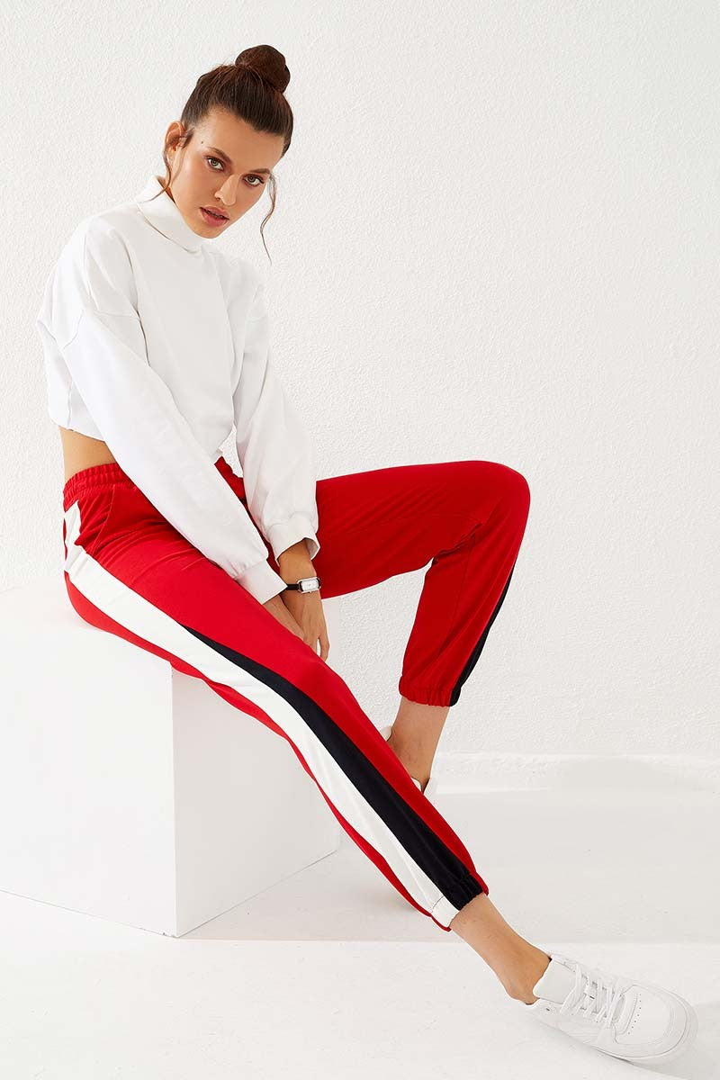 TMY Red Two-Color Striped Comfort Fit Elastic Cuff Women's Sweatpants - 94582 - Bartlett