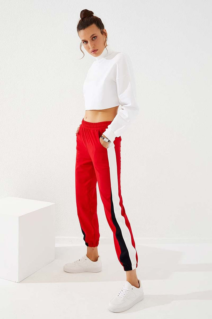 TMY Red Two-Color Striped Comfort Fit Elastic Cuff Women's Sweatpants - 94582 - Bartlett