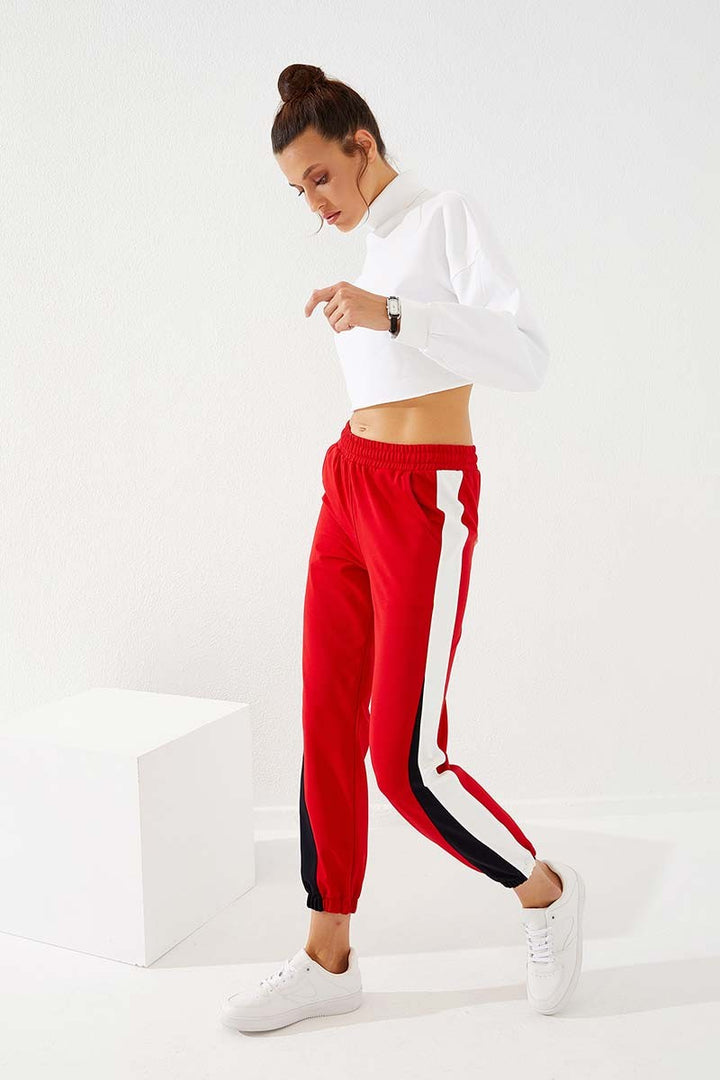 TMY Red Two-Color Striped Comfort Fit Elastic Cuff Women's Sweatpants - 94582 - Bartlett