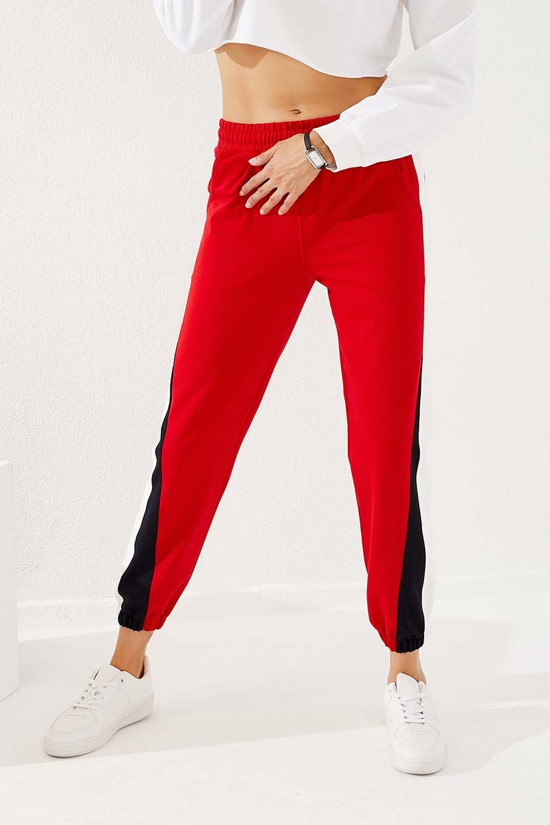 TMY Red Two-Color Striped Comfort Fit Elastic Cuff Women's Sweatpants - 94582 - Bartlett