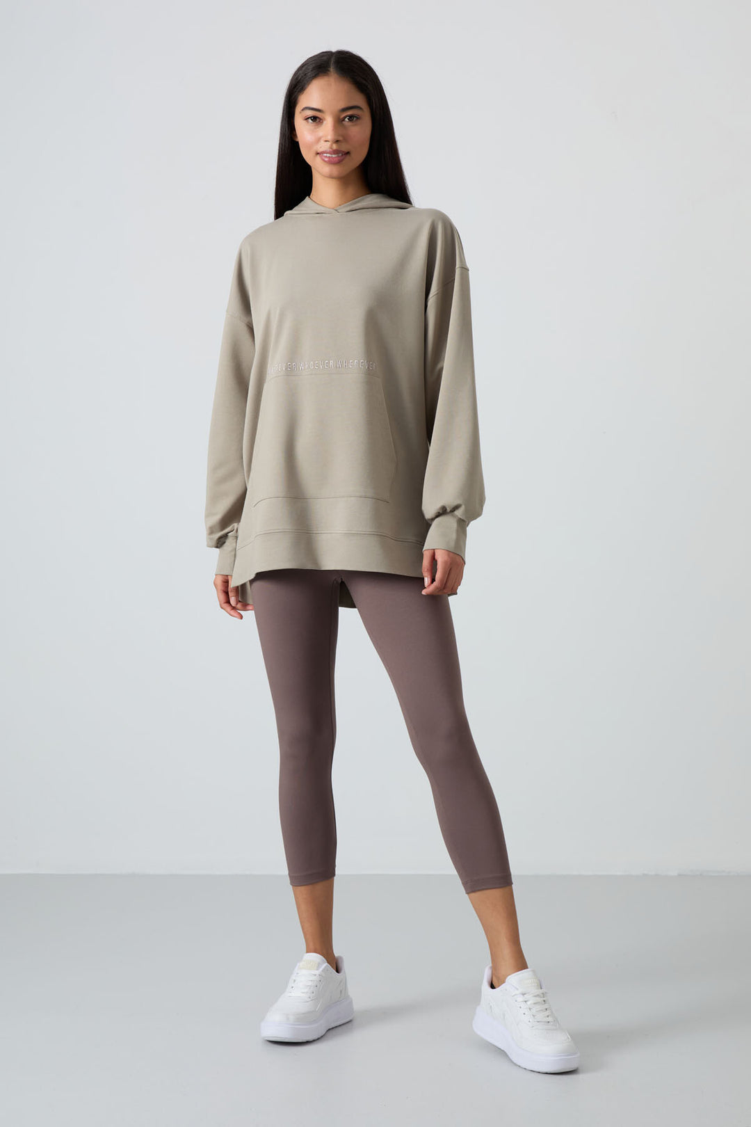 TMY Dark Beige Balloon Sleeve Embroidered Women's Oversized Tunic Sweatshirt - 97163 - Matías Romero