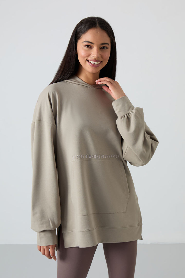 TMY Dark Beige Balloon Sleeve Embroidered Women's Oversized Tunic Sweatshirt - 97163 - Matías Romero