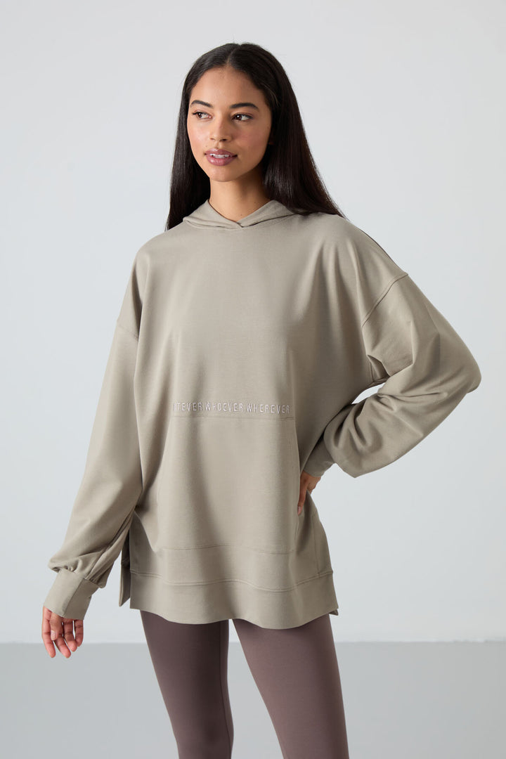 TMY Dark Beige Balloon Sleeve Embroidered Women's Oversized Tunic Sweatshirt - 97163 - Matías Romero