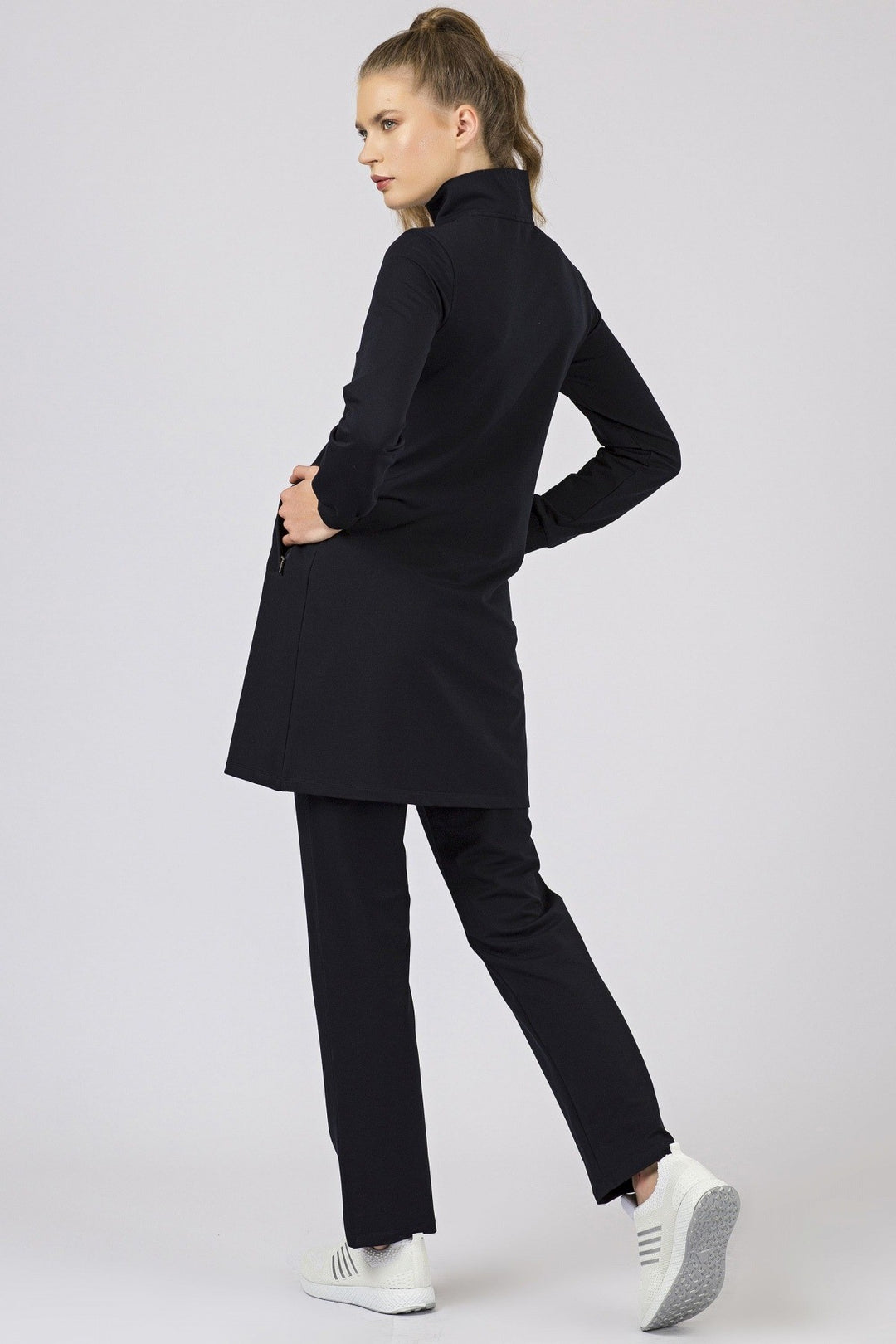 TMY Navy Blue High Neck Zippered Pocketed Standard Fit Classic Leg Women's Sweatshirt Tunic Set - 95206 - Laredo