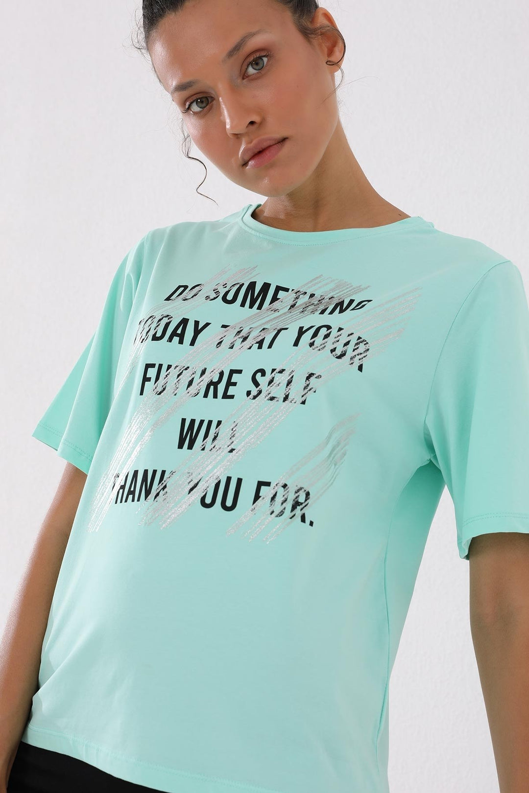 TMY Mint Green Deformed Printed O Neck Women's Oversize T-Shirt - 97133 - Galeana