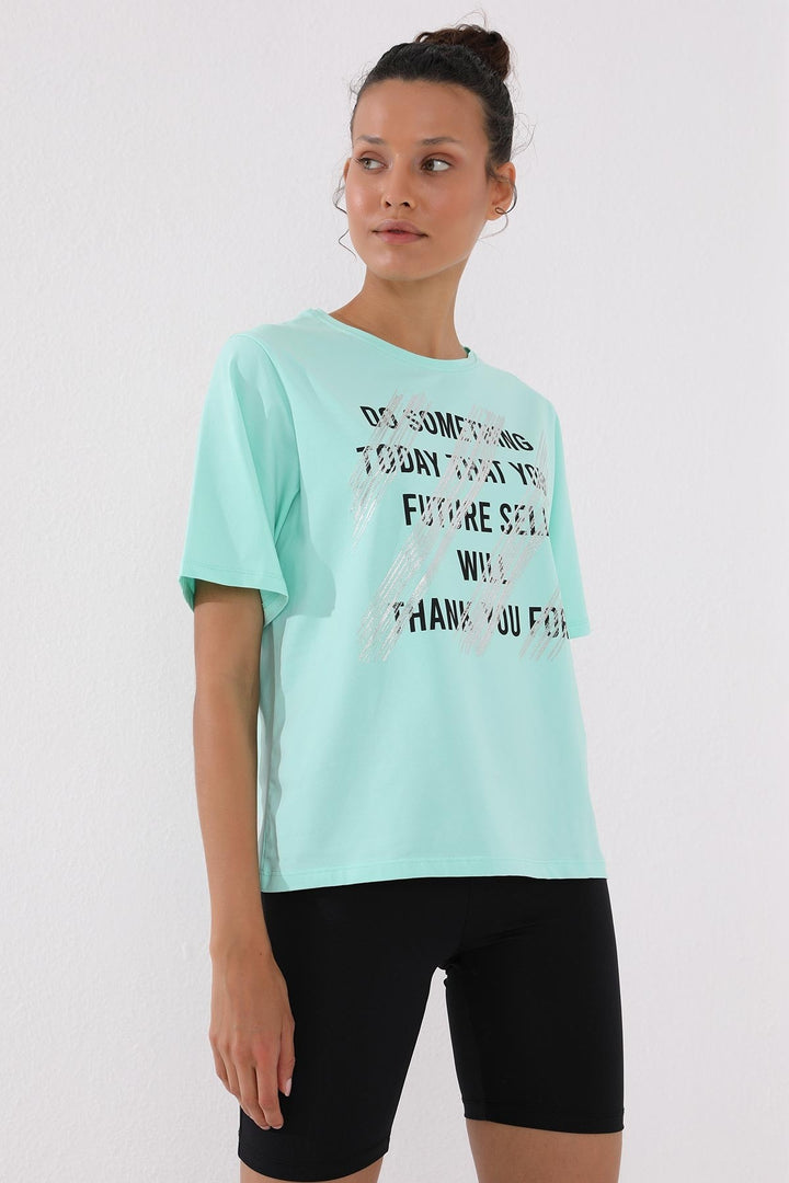 TMY Mint Green Deformed Printed O Neck Women's Oversize T-Shirt - 97133 - Galeana