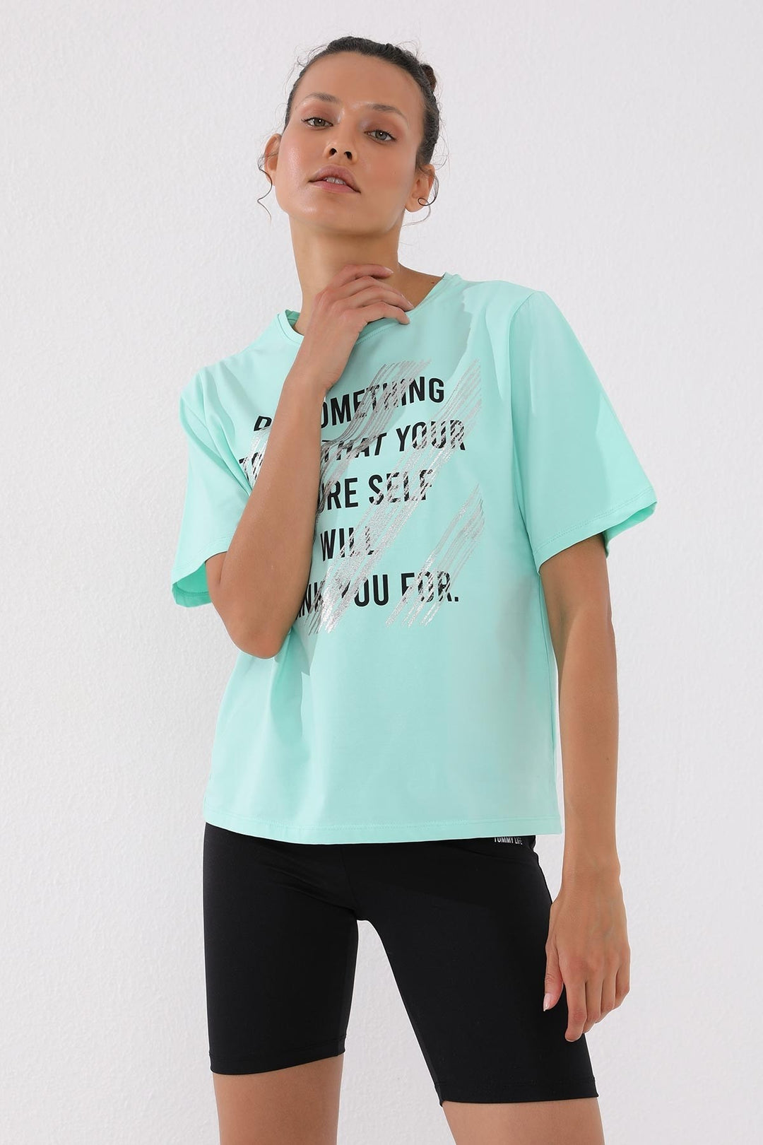 TMY Mint Green Deformed Printed O Neck Women's Oversize T-Shirt - 97133 - Galeana