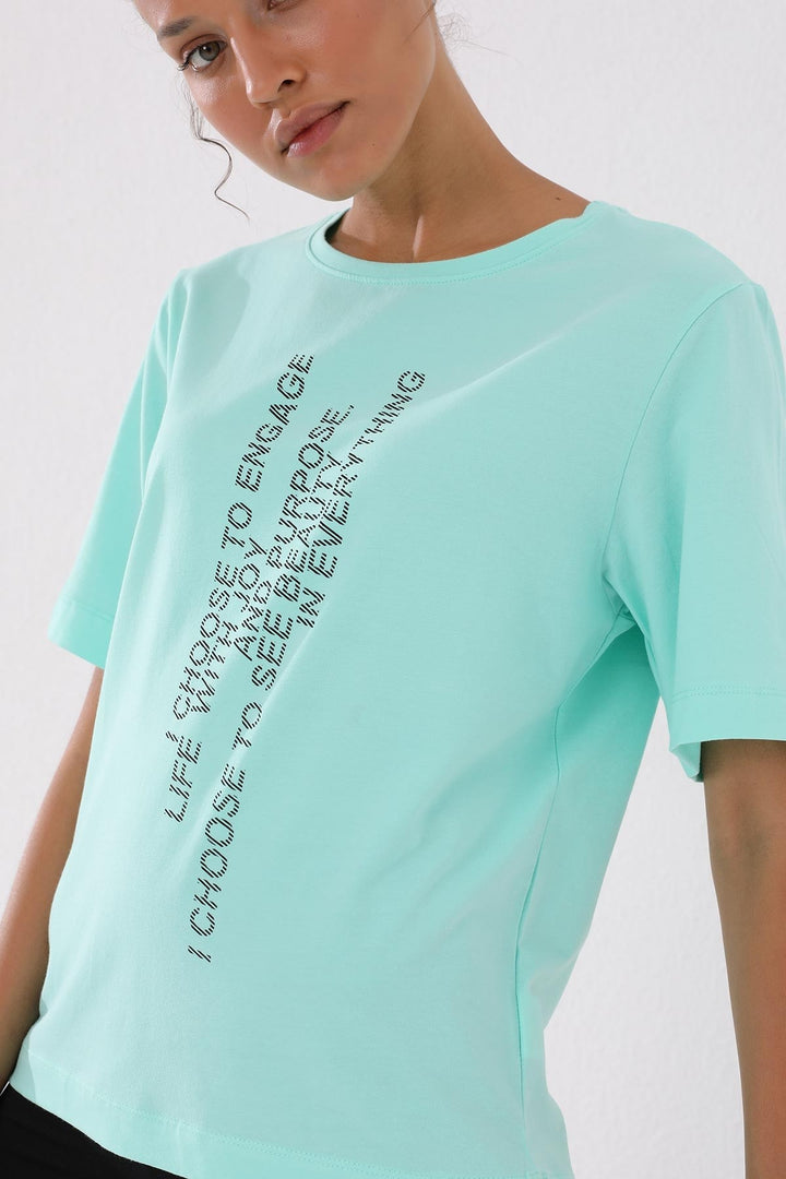 TMY Mint Green Pink Vertical Text Printed O Neck Women's Oversize T-Shirt - 97138 - Zapotlanejo