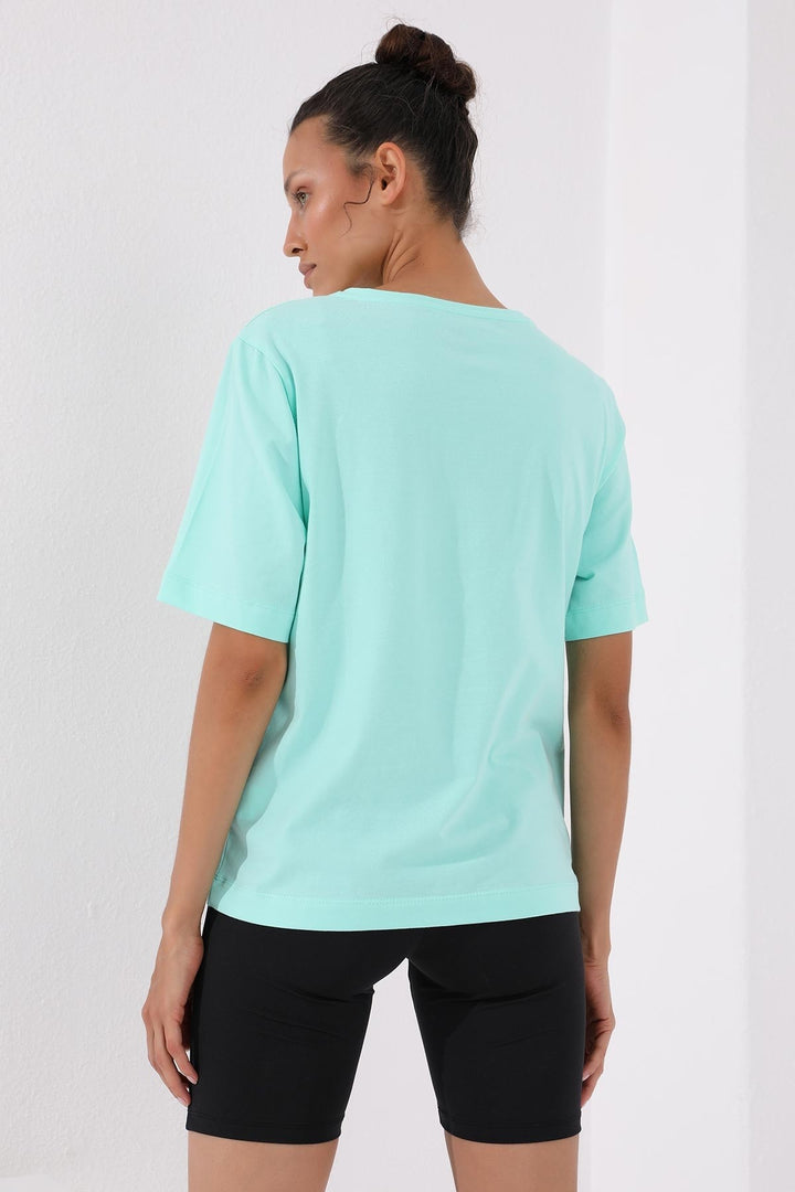 TMY Mint Green Pink Vertical Text Printed O Neck Women's Oversize T-Shirt - 97138 - Zapotlanejo