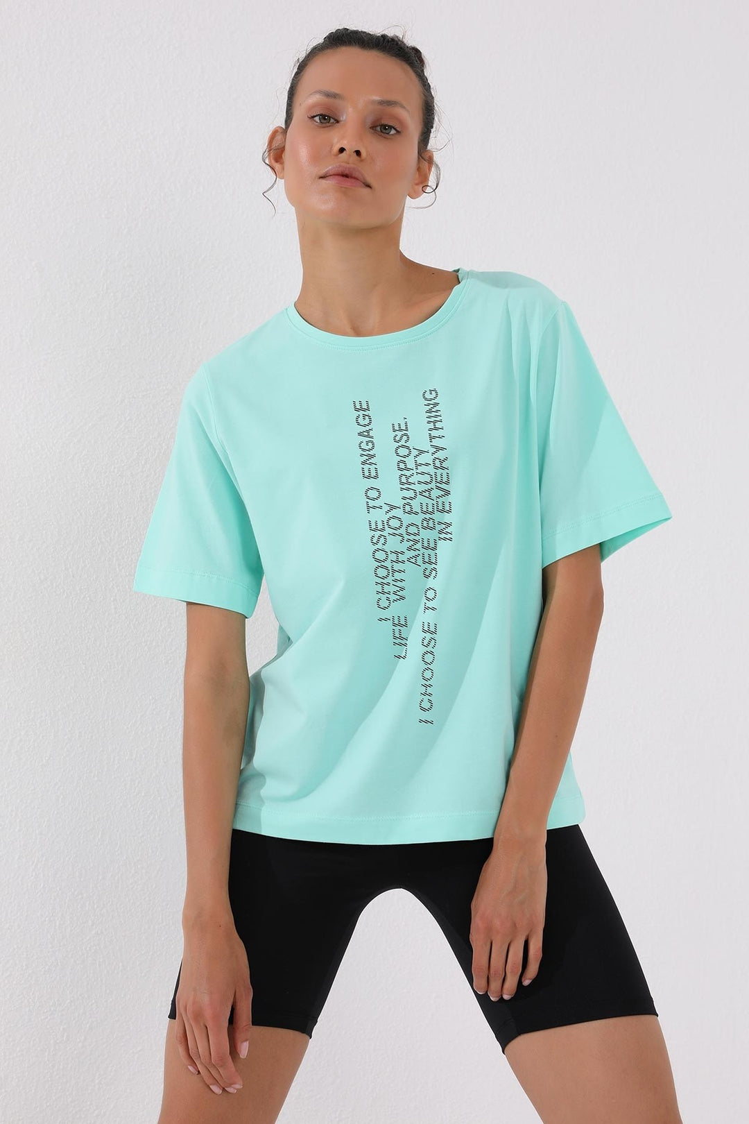 TMY Mint Green Pink Vertical Text Printed O Neck Women's Oversize T-Shirt - 97138 - Zapotlanejo