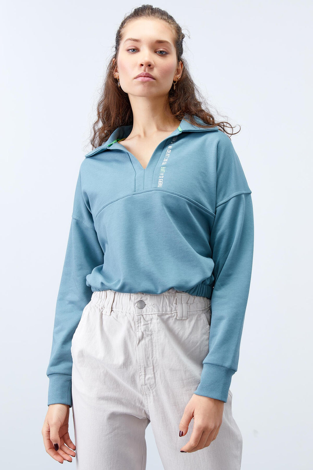 TMY Mint Green Polo Nece Hem Hem, вырванная женская толстовка, - 97180 - Мелитополь