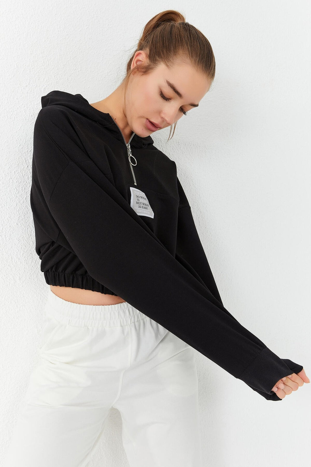 TMY Black Cinched Waist Hooded Half Zip Comfort Fit Women Crop Top Sweatshirt - 97155 - Bronx