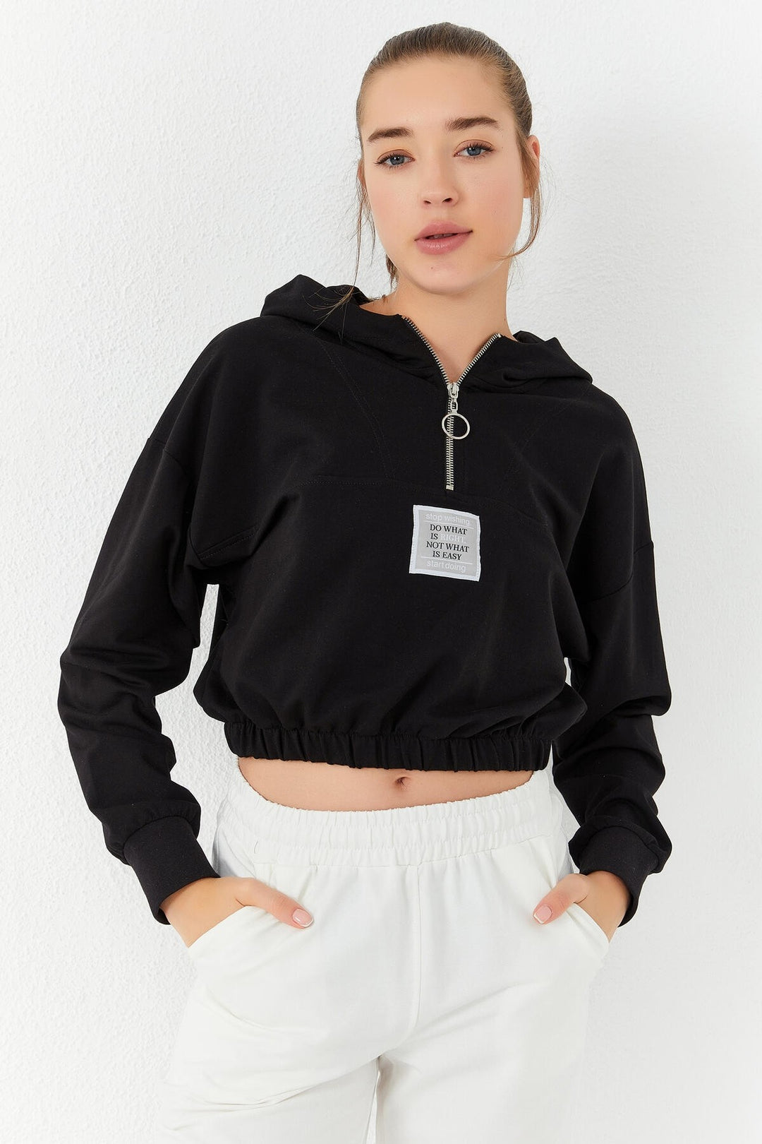 TMY Black Cinched Waist Hooded Half Zip Comfort Fit Women Crop Top Sweatshirt - 97155 - Bronx