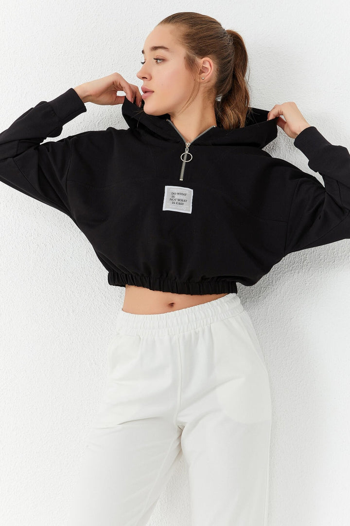 TMY Black Cinched Waist Hooded Half Zip Comfort Fit Women Crop Top Sweatshirt - 97155 - Bronx