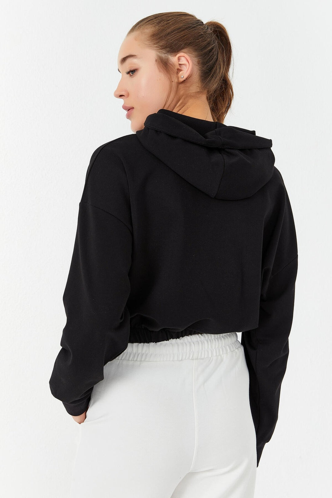 TMY Black Cinched Waist Hooded Half Zip Comfort Fit Women Crop Top Sweatshirt - 97155 - Bronx