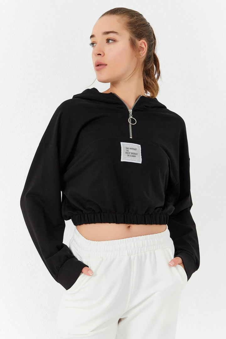 TMY Black Cinched Waist Hooded Half Zip Comfort Fit Women Crop Top Sweatshirt - 97155 - Bronx