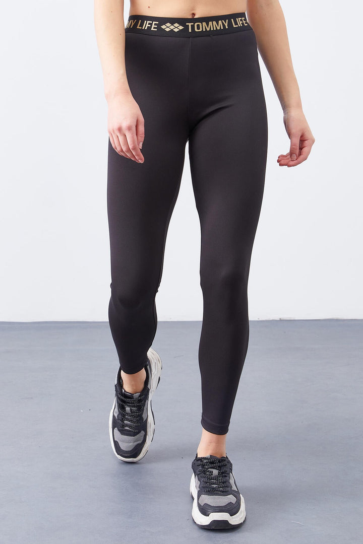 TMY Black - Gold High Waist Belted Slim Fit Skinny Leg Women's Leggings - 94546 - Lake Oswego